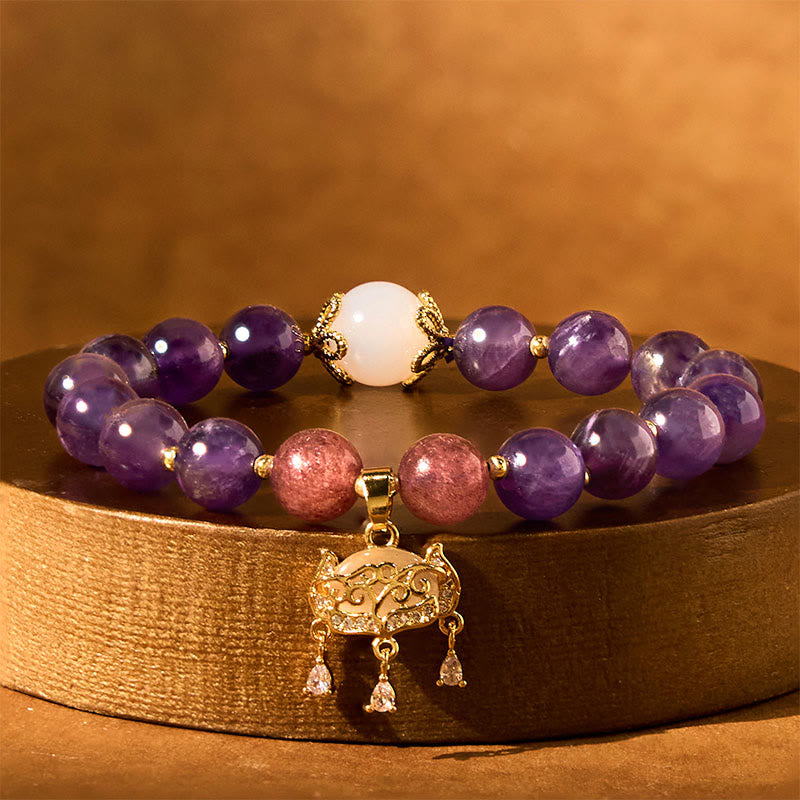 Braccialetto positivo con ciondolo a forma di lucchetto della pace, in quarzo fragola, ametista naturale , Buddha Stones