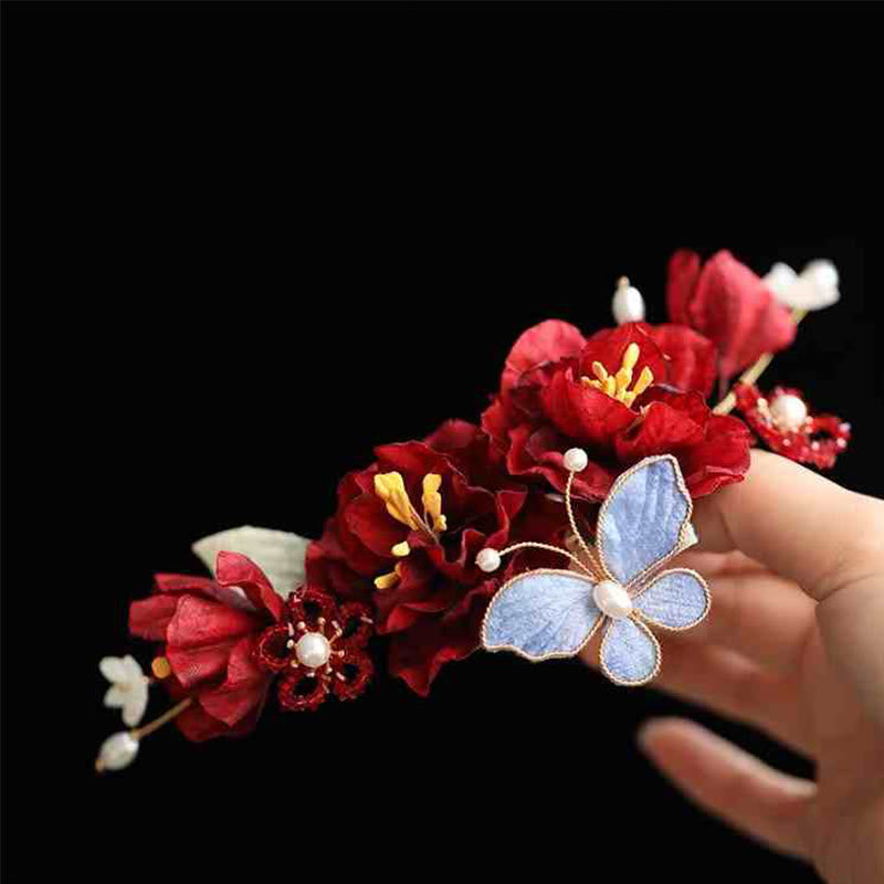 Fermaglio per capelli a farfalla con fiore rosso cinese per matrimonio Buddha Stones