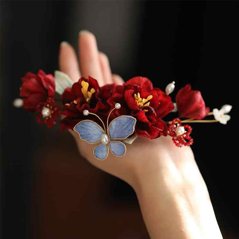 Fermaglio per capelli a farfalla con fiore rosso cinese per matrimonio Buddha Stones