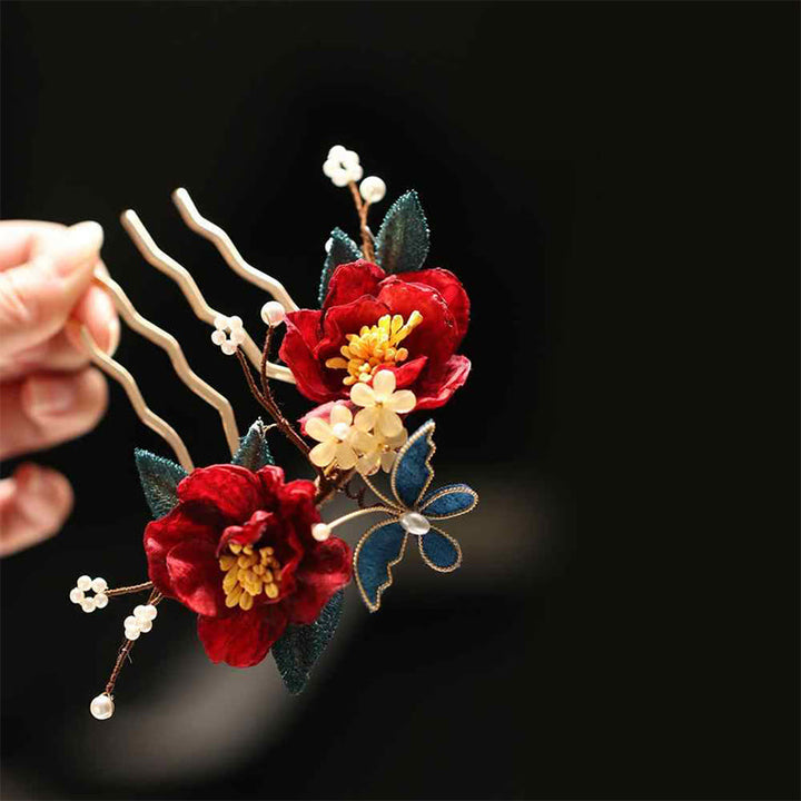 Buddha Stones Stile cinese Camelia rossa Farfalla Fermaglio per capelli Pettine per capelli Forcina per capelli Accessorio per fermaglio