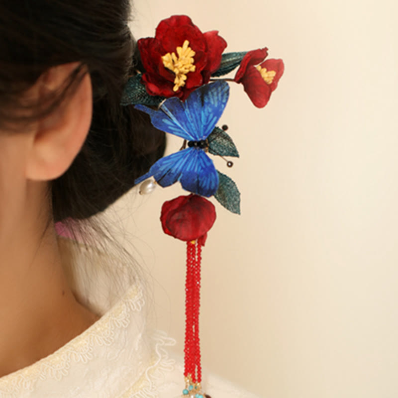 Forcina per capelli con fiore rosso e farfalla blu in stile cinese classico Buddha Stones