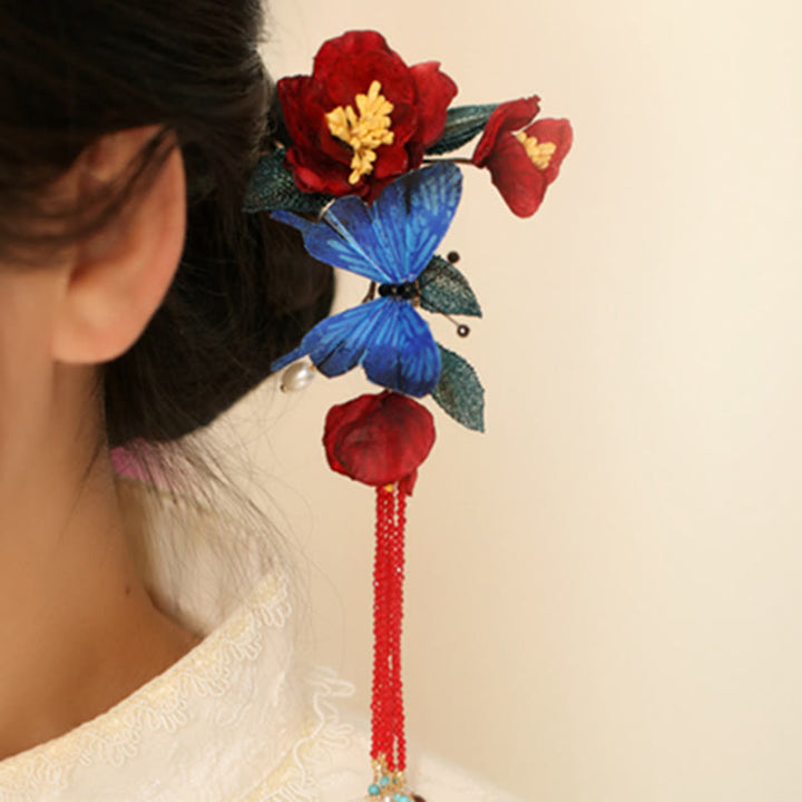 Forcina per capelli con fiore rosso e farfalla blu in stile cinese classico Buddha Stones