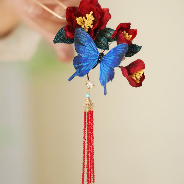 Forcina per capelli con fiore rosso e farfalla blu in stile cinese classico Buddha Stones