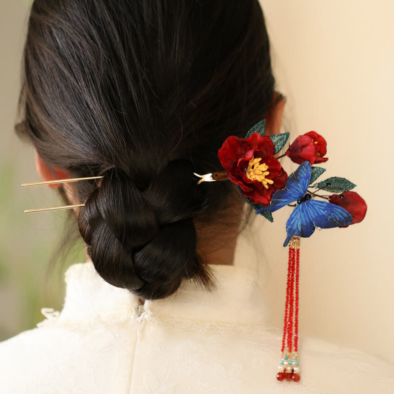 Forcina per capelli con fiore rosso e farfalla blu in stile cinese classico Buddha Stones