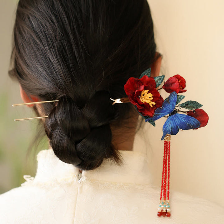 Forcina per capelli con fiore rosso e farfalla blu in stile cinese classico Buddha Stones