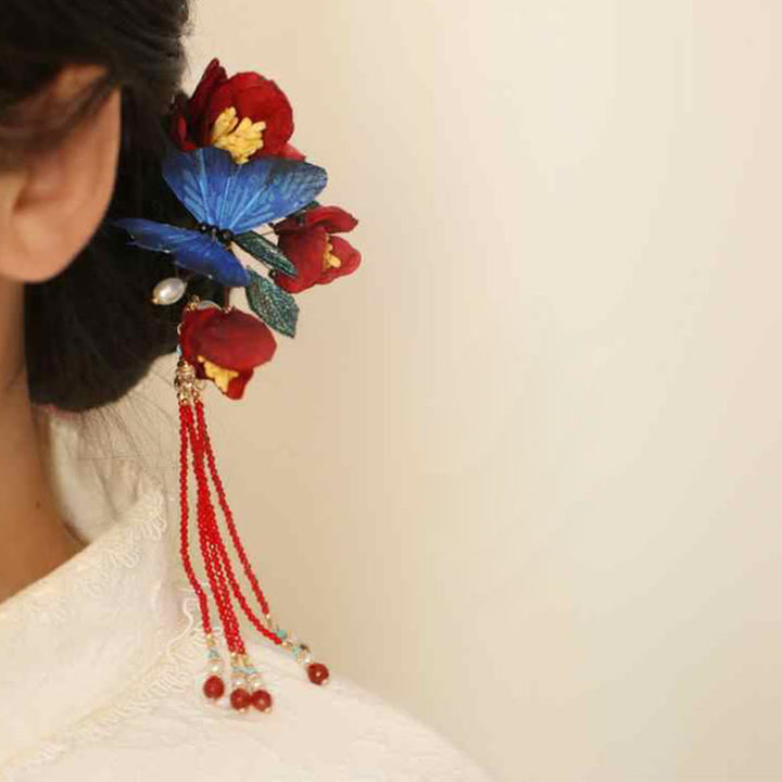 Forcina per capelli con fiore rosso e farfalla blu in stile cinese classico Buddha Stones