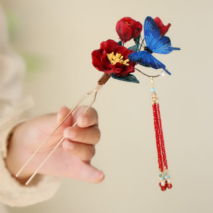 Forcina per capelli con fiore rosso e farfalla blu in stile cinese classico Buddha Stones