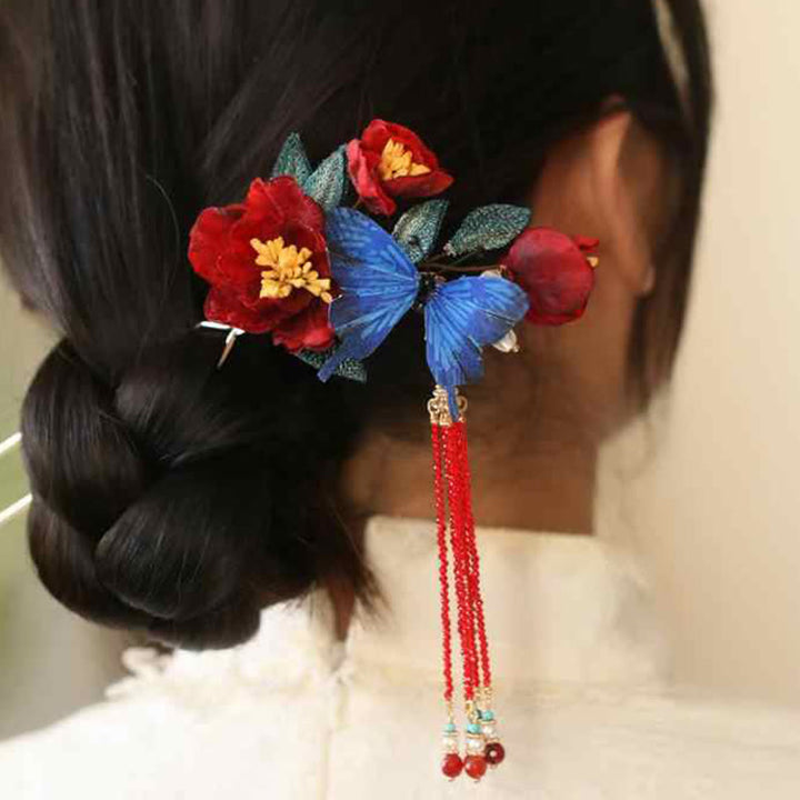 Forcina per capelli con fiore rosso e farfalla blu in stile cinese classico Buddha Stones