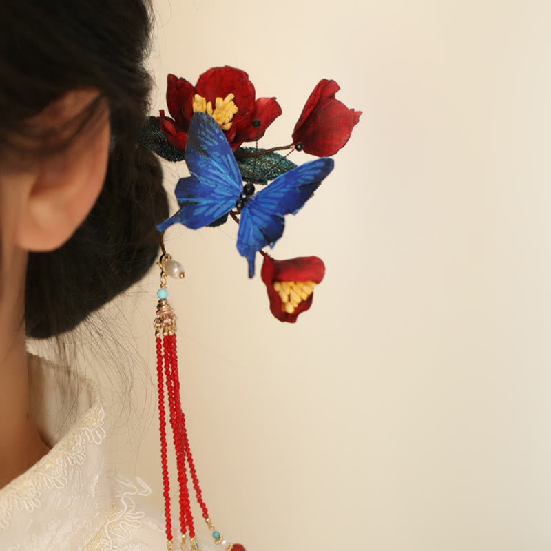 Forcina per capelli con fiore rosso e farfalla blu in stile cinese classico Buddha Stones