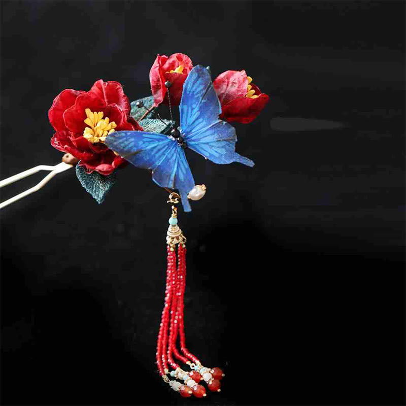 Forcina per capelli con fiore rosso e farfalla blu in stile cinese classico Buddha Stones