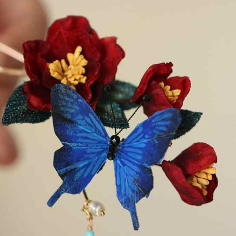 Forcina per capelli con fiore rosso e farfalla blu in stile cinese classico Buddha Stones