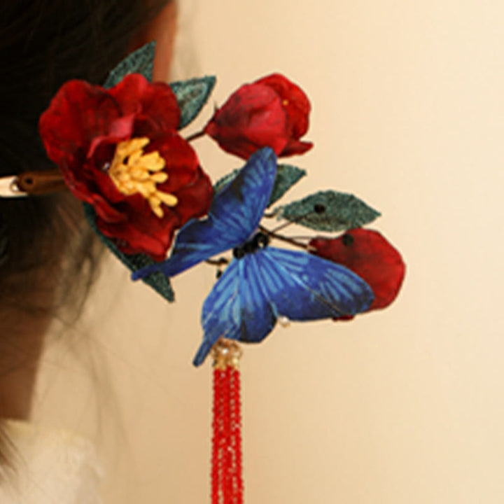 Forcina per capelli con fiore rosso e farfalla blu in stile cinese classico Buddha Stones