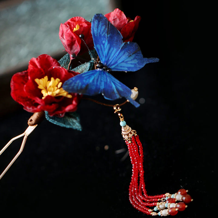 Forcina per capelli con fiore rosso e farfalla blu in stile cinese classico Buddha Stones