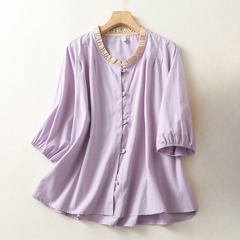 Camicia da donna in cotone e lino con maniche corte, modello Buddha Stones, casual, tinta unita, con bottoni a rana - Prugna - US8-10, UK/AU12-14, EU40-42 (2XL) - image 7