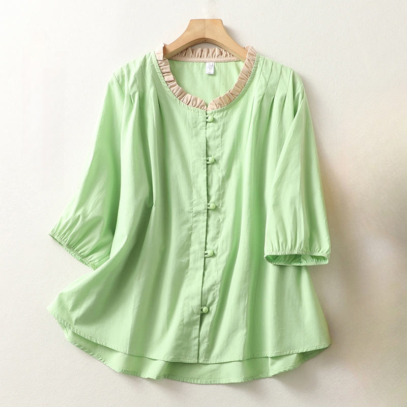 Camicia da donna in cotone e lino con maniche corte, modello Buddha Stones, casual, tinta unita, con bottoni a rana - Verde pallido - US8-10, UK/AU12-14, EU40-42 (2XL) - image 13