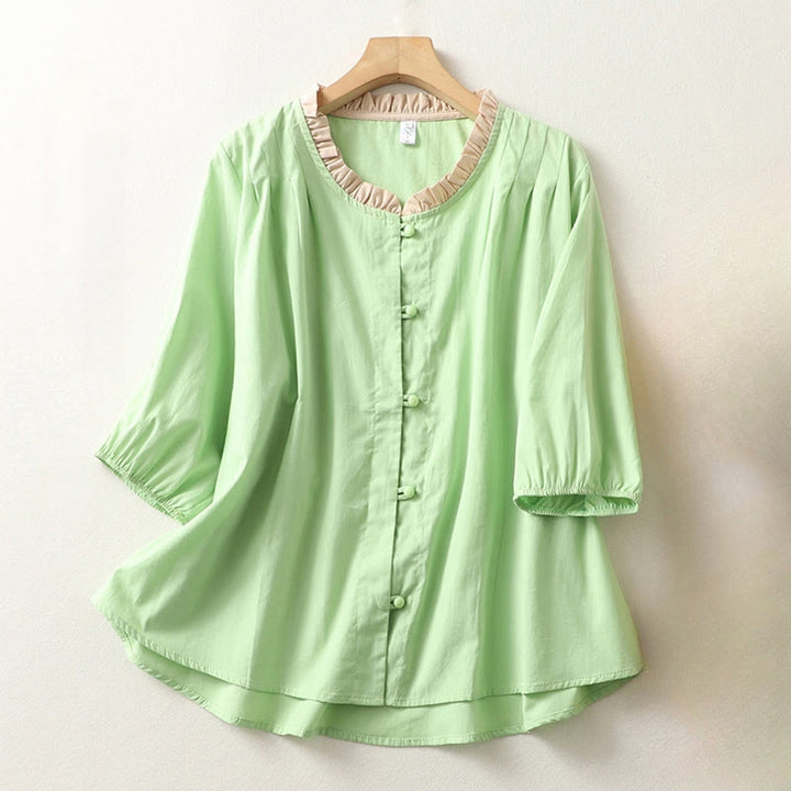 Camicia da donna in cotone e lino con maniche corte, modello Buddha Stones, casual, tinta unita, con bottoni a rana - Verde pallido - US8-10, UK/AU12-14, EU40-42 (2XL) - image 13