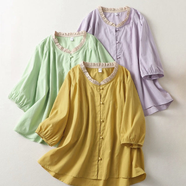 Camicia da donna in cotone e lino con maniche corte, modello Buddha Stones, casual, tinta unita, con bottoni a rana - image 20