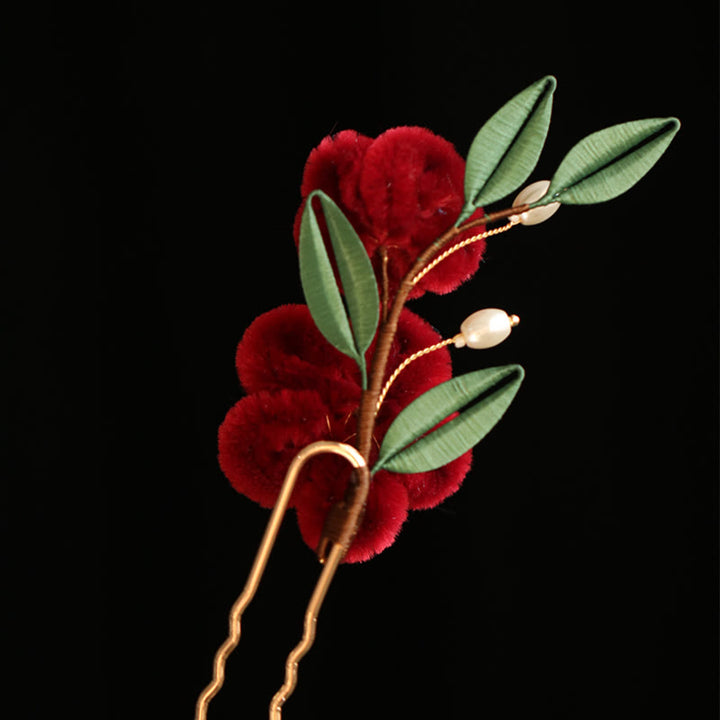 Buddha Stones Stile cinese classico Fiore rosso Farfalla blu Forcina per capelli Pettine per capelli Barrette