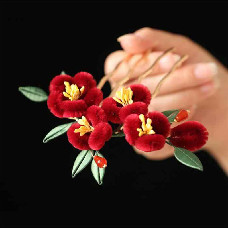 Buddha Stones Stile cinese classico Fiore rosso Farfalla blu Forcina per capelli Pettine per capelli Barrette