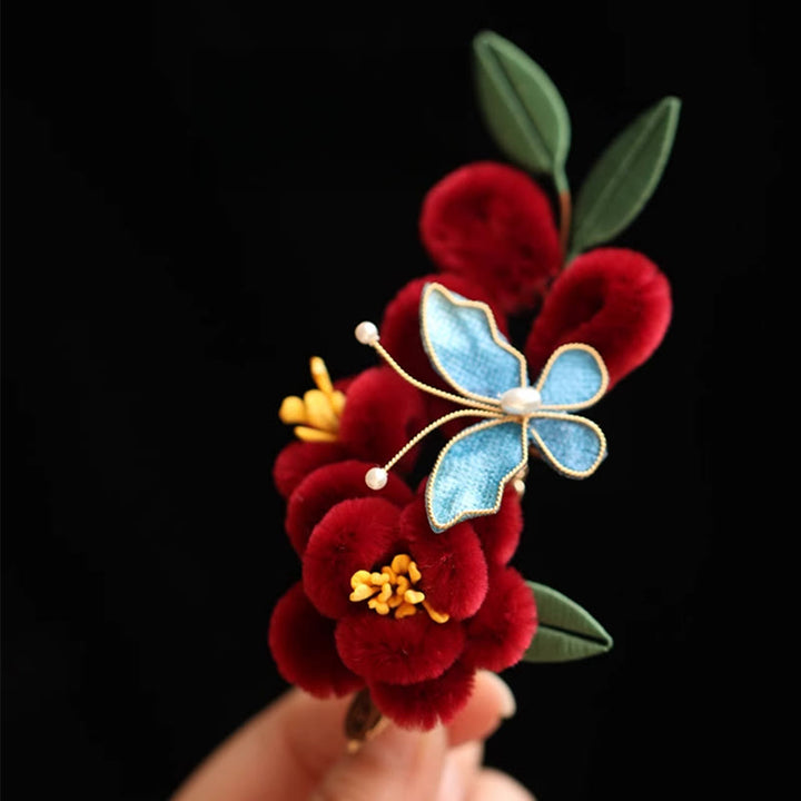 Buddha Stones Stile cinese classico Fiore rosso Farfalla blu Forcina per capelli Pettine per capelli Barrette