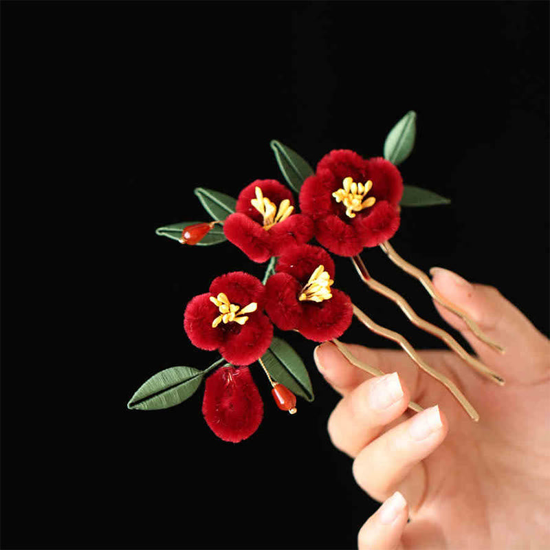 Buddha Stones Stile cinese classico Fiore rosso Farfalla blu Forcina per capelli Pettine per capelli Barrette