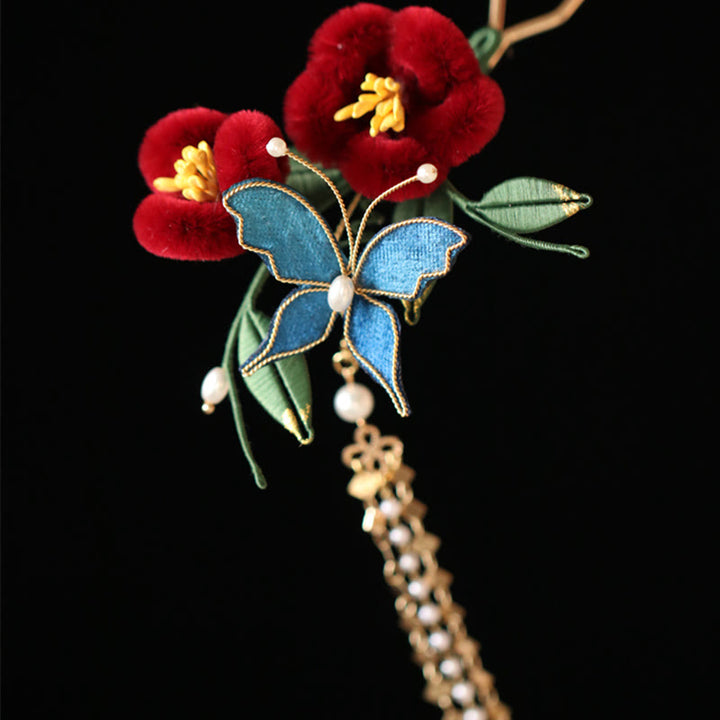 Buddha Stones Stile cinese classico Fiore rosso Farfalla blu Forcina per capelli Pettine per capelli Barrette