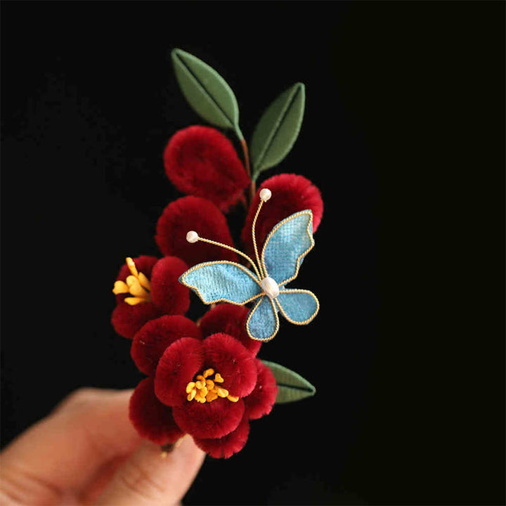 Buddha Stones Stile cinese classico Fiore rosso Farfalla blu Forcina per capelli Pettine per capelli Barrette