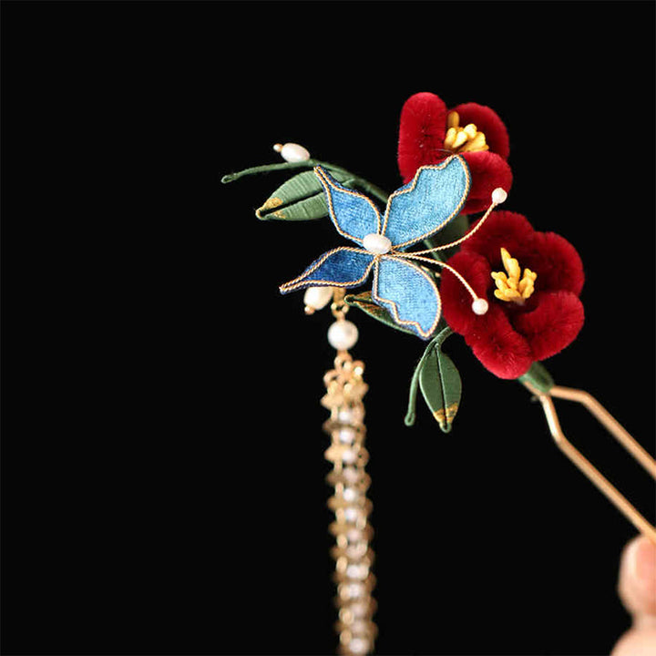 Buddha Stones Stile cinese classico Fiore rosso Farfalla blu Forcina per capelli Pettine per capelli Barrette