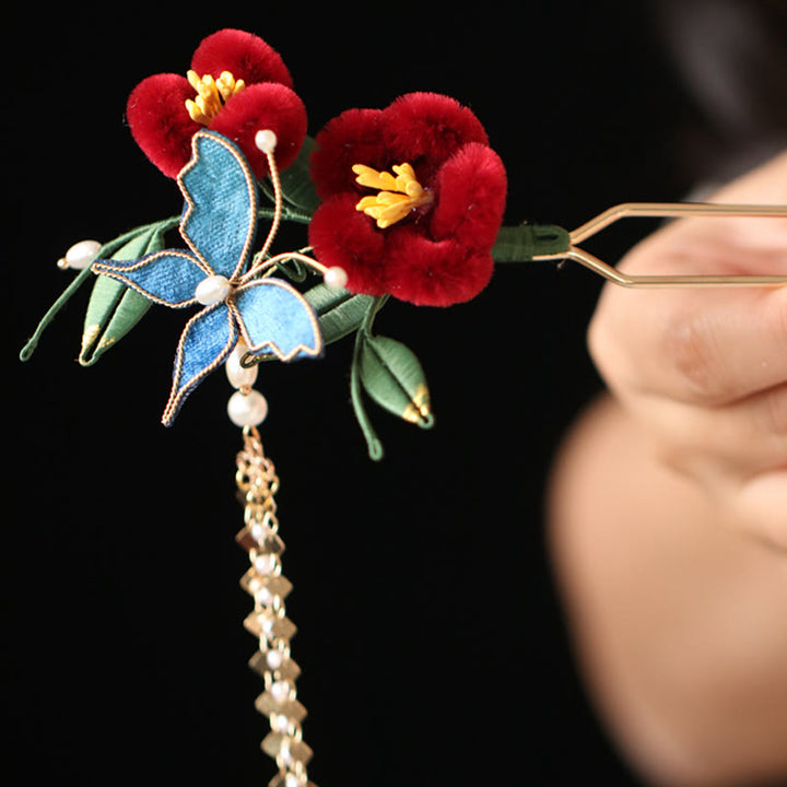 Buddha Stones Stile cinese classico Fiore rosso Farfalla blu Forcina per capelli Pettine per capelli Barrette
