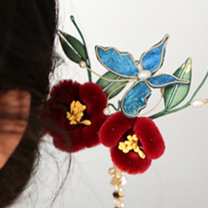Buddha Stones Stile cinese classico Fiore rosso Farfalla blu Forcina per capelli Pettine per capelli Barrette