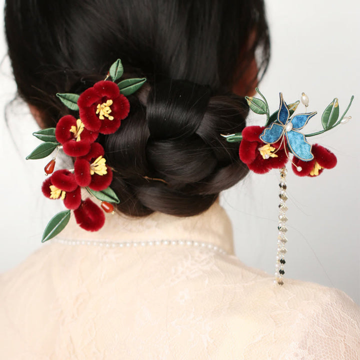 Buddha Stones Stile cinese classico Fiore rosso Farfalla blu Forcina per capelli Pettine per capelli Barrette
