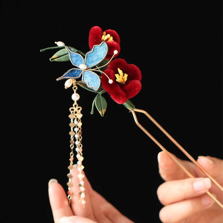 Buddha Stones Stile cinese classico Fiore rosso Farfalla blu Forcina per capelli Pettine per capelli Barrette