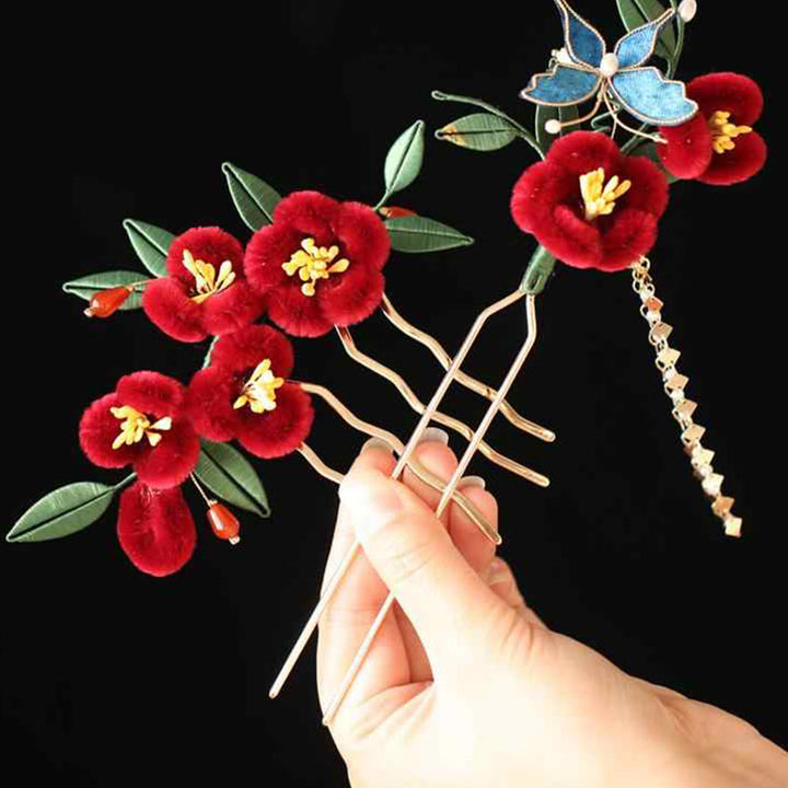 Buddha Stones Stile cinese classico Fiore rosso Farfalla blu Forcina per capelli Pettine per capelli Barrette