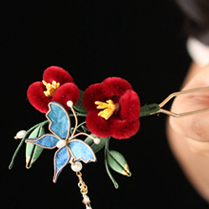 Buddha Stones Stile cinese classico Fiore rosso Farfalla blu Forcina per capelli Pettine per capelli Barrette