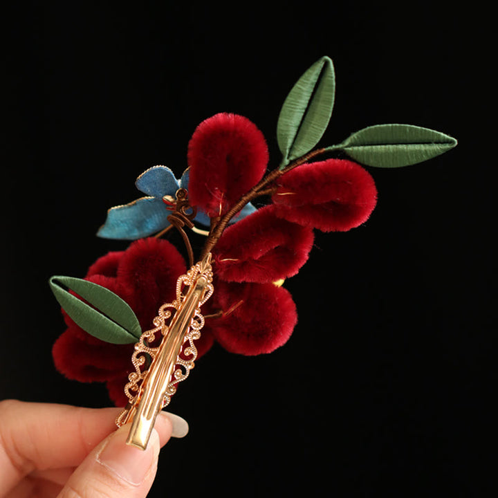 Buddha Stones Stile cinese classico Fiore rosso Farfalla blu Forcina per capelli Pettine per capelli Barrette