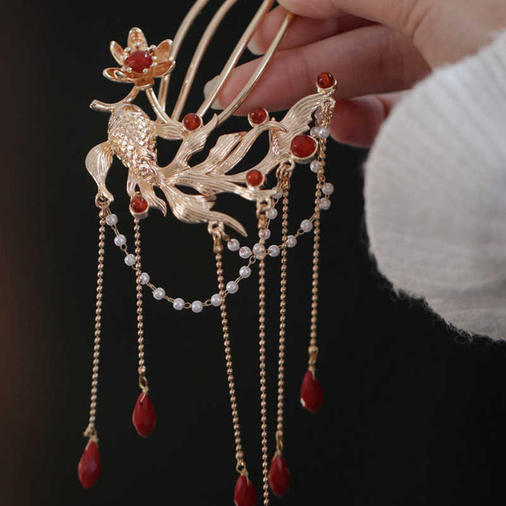 Buddha Stones in stile cinese Koi Fish Flower Tassel Red Agate Rame placcato oro Forcina per capelli Pettine per capelli