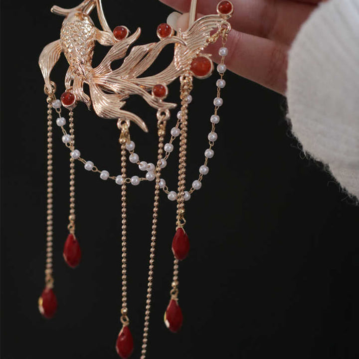 Buddha Stones in stile cinese Koi Fish Flower Tassel Red Agate Rame placcato oro Forcina per capelli Pettine per capelli