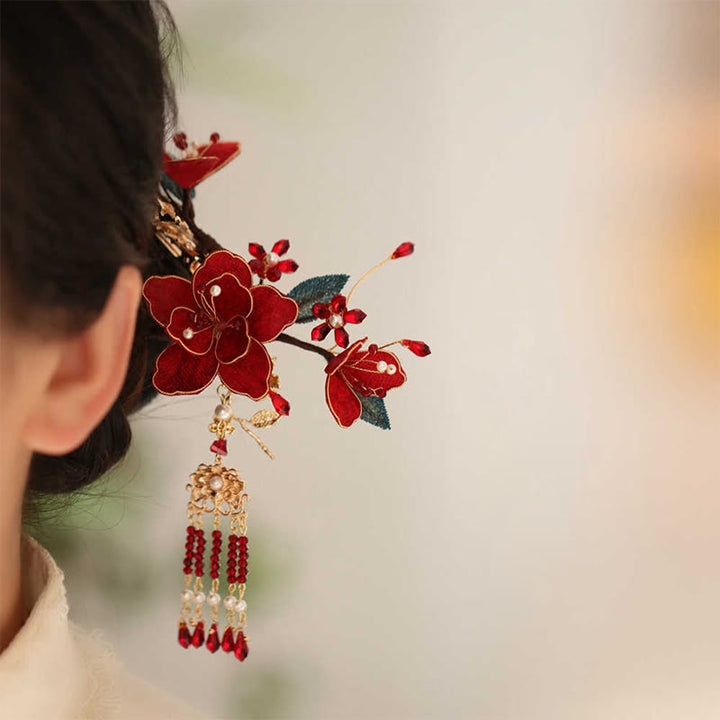 Buddha Stones Stile cinese classico Fiore rosso Farfalla Nappa Pettine per capelli Forcina