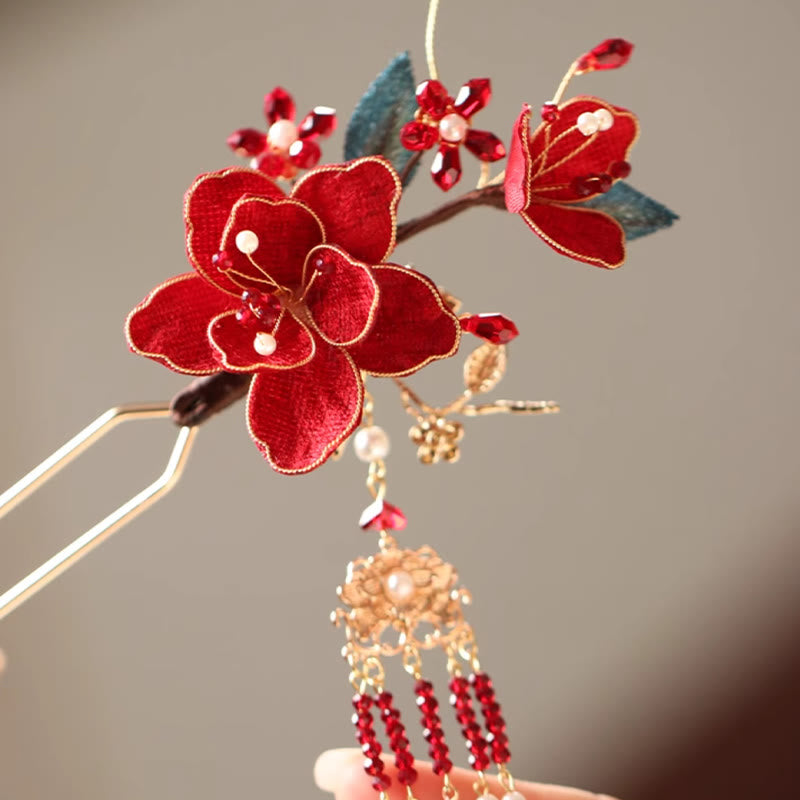 Buddha Stones Stile cinese classico Fiore rosso Farfalla Nappa Pettine per capelli Forcina