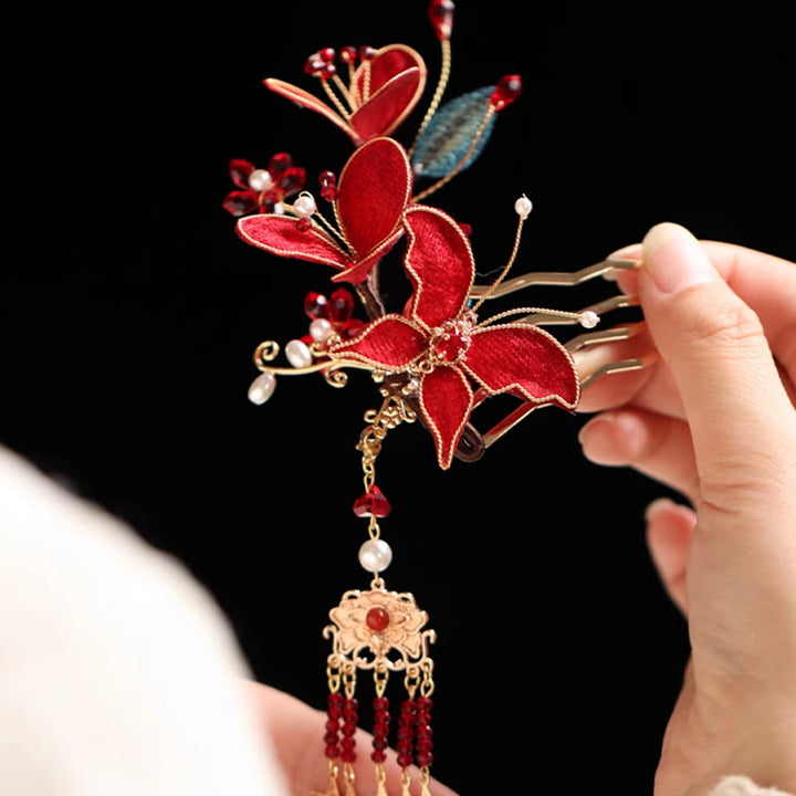 Buddha Stones Stile cinese classico Fiore rosso Farfalla Nappa Pettine per capelli Forcina