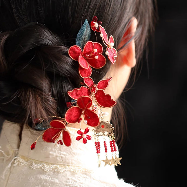 Buddha Stones Stile cinese classico Fiore rosso Farfalla Nappa Pettine per capelli Forcina