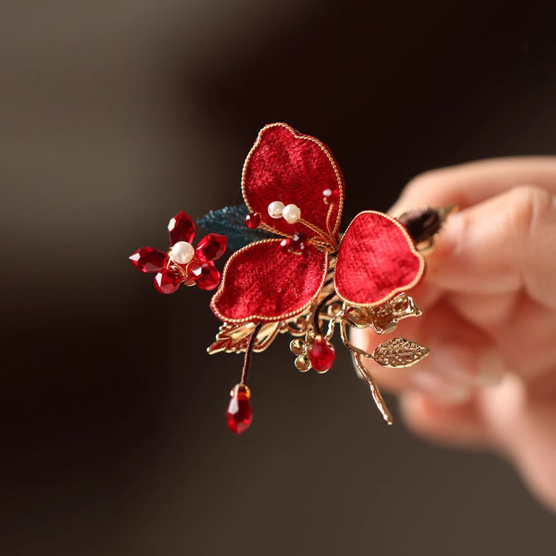 Buddha Stones Stile cinese classico Fiore rosso Farfalla Nappa Pettine per capelli Forcina