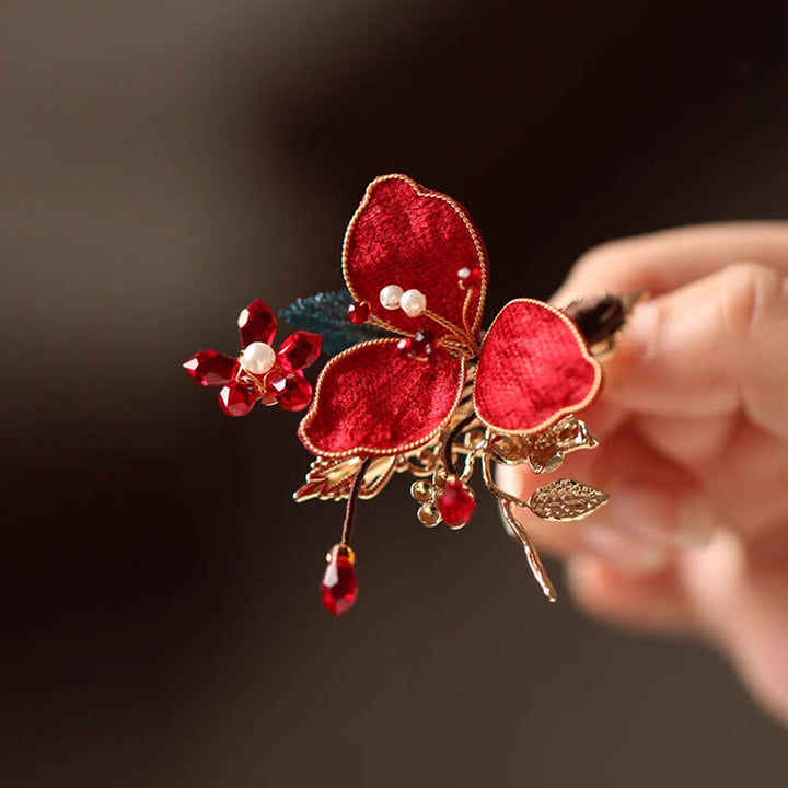 Buddha Stones Stile cinese classico Fiore rosso Farfalla Nappa Pettine per capelli Forcina