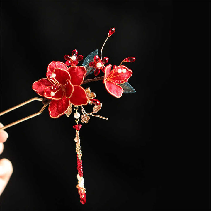 Buddha Stones Stile cinese classico Fiore rosso Farfalla Nappa Pettine per capelli Forcina