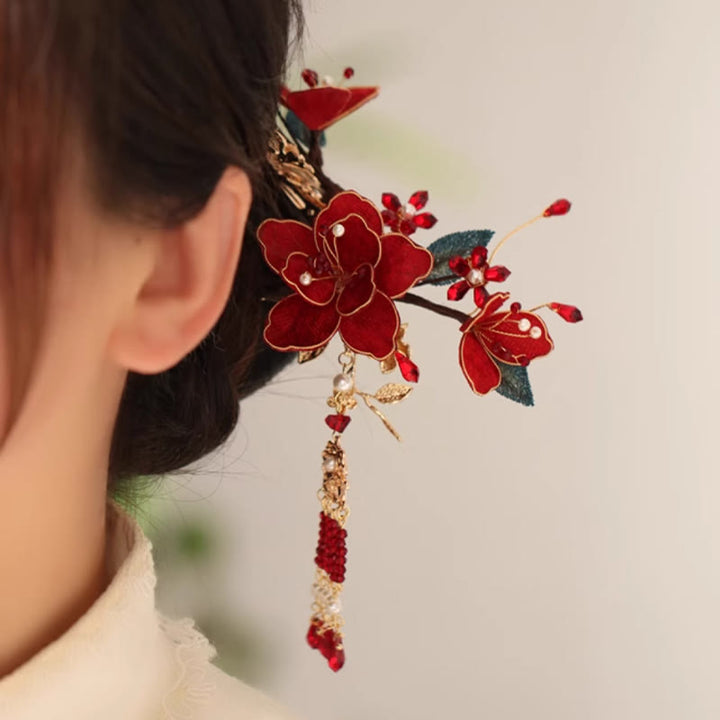Buddha Stones Stile cinese classico Fiore rosso Farfalla Nappa Pettine per capelli Forcina