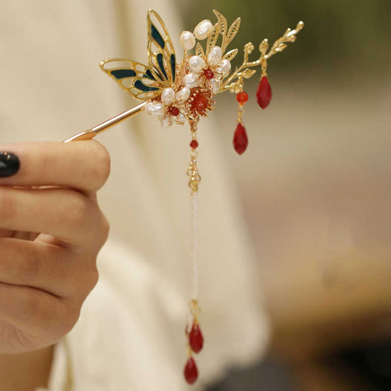 Fermaglio per capelli con perle a forma di Buddha Stones , stile cinese classico, con fiori e coroncina