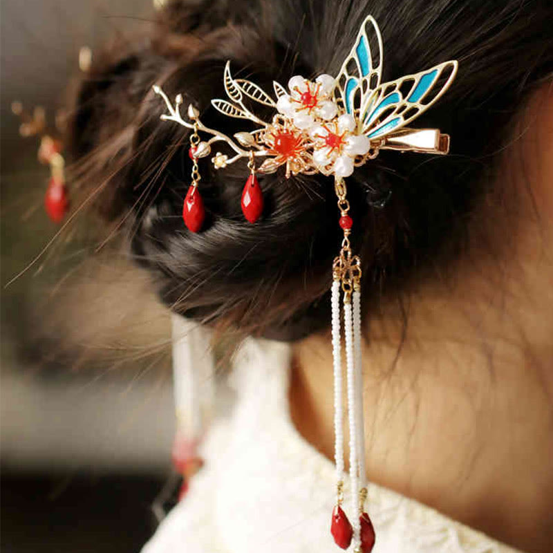 Fermaglio per capelli con perle a forma di Buddha Stones , stile cinese classico, con fiori e coroncina