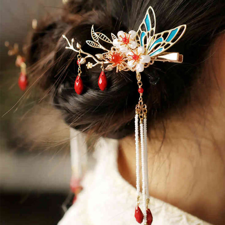 Fermaglio per capelli con perle a forma di Buddha Stones , stile cinese classico, con fiori e coroncina