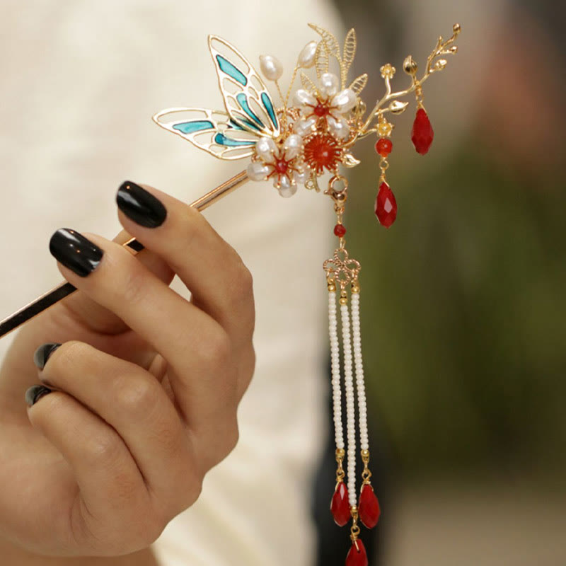 Fermaglio per capelli con perle a forma di Buddha Stones , stile cinese classico, con fiori e coroncina