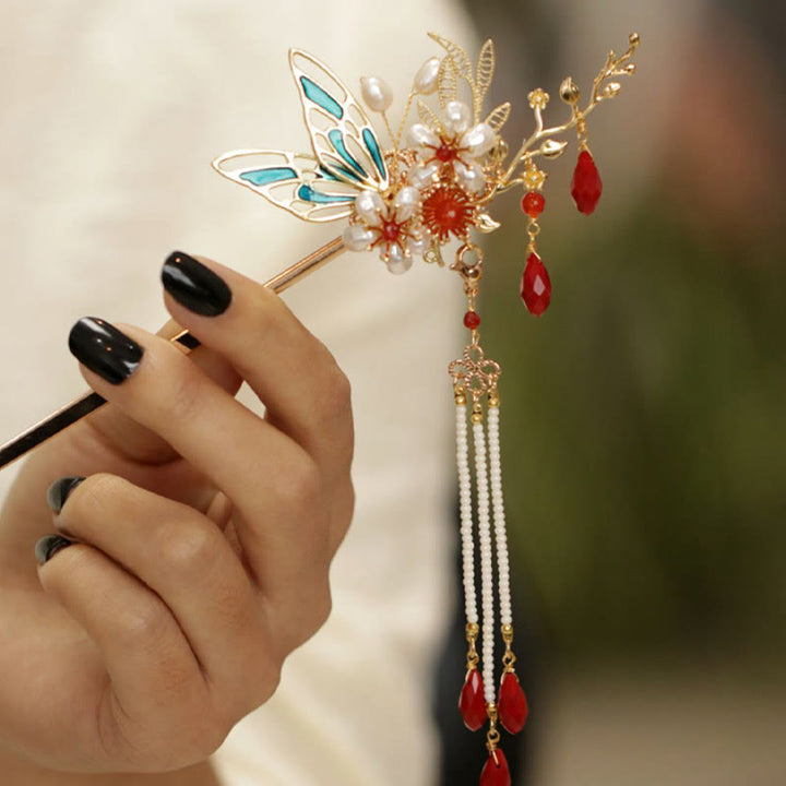 Fermaglio per capelli con perle a forma di Buddha Stones , stile cinese classico, con fiori e coroncina